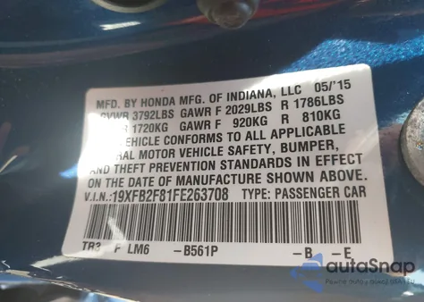 2015 Honda Civic Ex z USA, uszkodzony, nr VIN 19XFB2F81FE263708